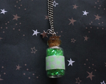 green glitter tiny bottle necklace UV glow in the dark stars