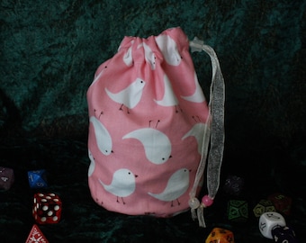 Pink birds dice bag, pouch with flat bottom
