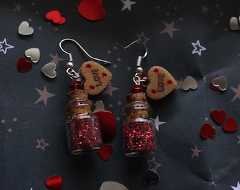 red glitter love heart cookie tiny bottle earrings