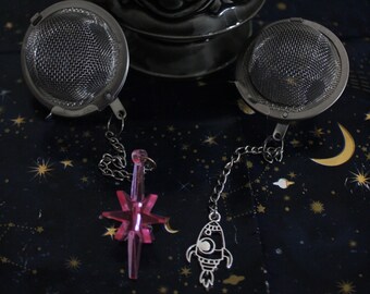 space themed tea ball loose leaf infuser strainer, rocket ship, space ship,  pink star.
