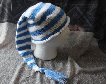 wizard hat white and blue sparkle pixie sock hat in stripe pattern
