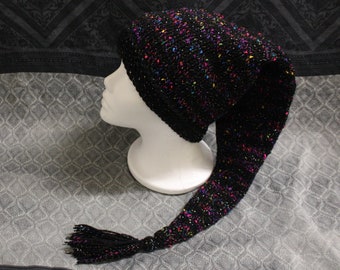 rainbow and black sparkle stripe wizard pixie sock hat