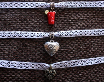 romantic lace choker necklace with charm. valentines, heart.