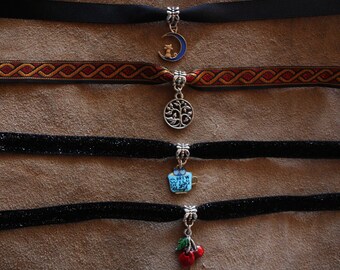 velvet ribbon choker necklace with charm. cat, pinup style cherries, tree, moon.