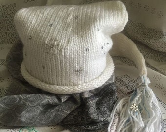 Snow Queen hat white sparkle snowflake sequin pixie sock hat knitted