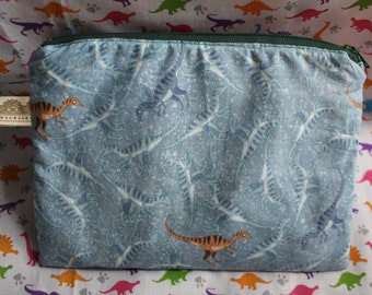 Blue dinosaur print zip pouch, purse, bag.