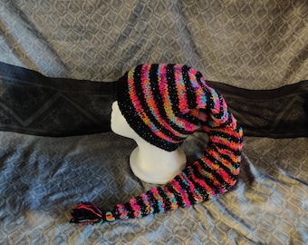 rainbow and black sparkle stripe wizard pixie sock hat