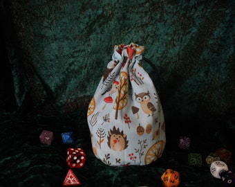 cute woodland animals dice bag, pouch with flat bottom. Blue with foxes, rabbits, deer, forest.