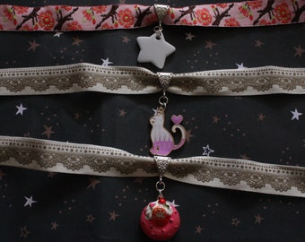 patterned choker necklace with charm. star, cat, donut, sakura cherry blossom