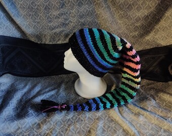 rainbow gradient and black sparkle stripe wizard pixie sock hat