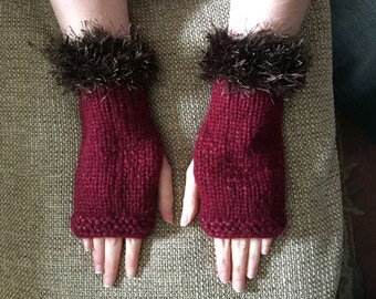 Burgundy red knit fingerless gloves, mitts with brown and copper fluffy trim