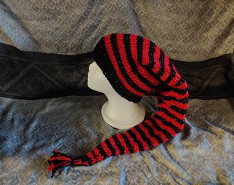 wizard hat black and red sparkle pixie sock hat in stripe pattern