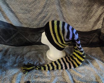 green blue gradient and black sparkle stripe wizard pixie sock hat