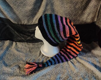 sunrise gradient and black sparkle stripe wizard pixie sock hat