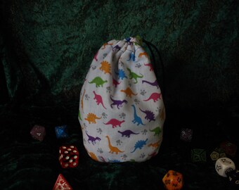 Cute dinosaurs dice bag, pouch with flat bottom. Rainbow dinosaurs or Halloween purple with pumpkins and skeletons.