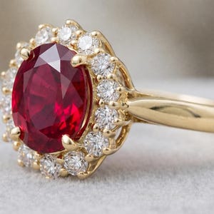 Oval Ruby Diamond Halo Ring, Yellow Gold Vintage Statement, July Birthstone Jewelry