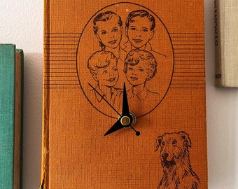 Clock - Small Wall Clock - Bobbsey Twins - Orange Clock - Book Clock - Nursery Clock - Vintage Clock Wall - Upcycled Clock