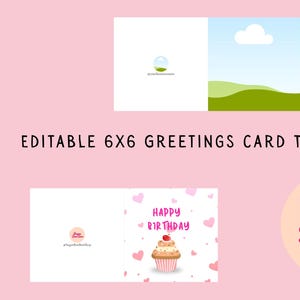 May include: A pink background featuring a greeting card template. The template includes a landscape image, a birthday card design with a cupcake, and the text "Happy Birthday". The logo "Made by Sugar Bon Bon" is also visible.