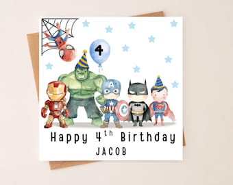 Tarjeta de cumpleaños de superhéroe personalizada / Tarjeta con nombre y edad personalizados para niños