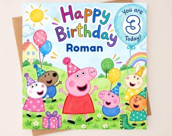 Personligt blått Peppa Pig-födelsedagskort | Anpassat namn och ålder (15 x 15 cm)