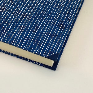 Pode incluir: Close-up do canto de um livro azul com um padr&atilde;o de bolinhas brancas. O livro est&aacute; fechado e a lombada &eacute; vis&iacute;vel.