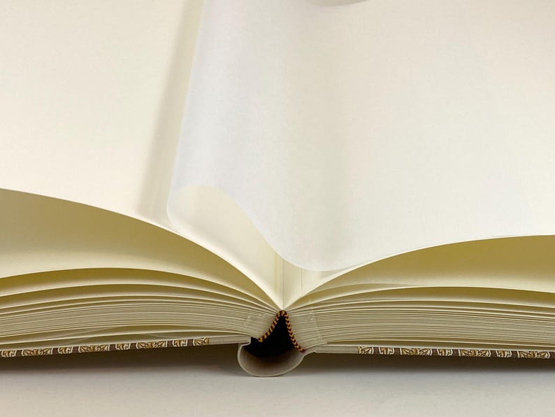 Peut inclure: Un livre ouvert avec des pages de couleur cr&egrave;me. Les pages sont l&eacute;g&egrave;rement incurv&eacute;es, avec quelques pages retourn&eacute;es. La reliure est visible et les bords des pages pr&eacute;sentent un motif d&eacute;coratif. Le livre est sur une surface blanche.