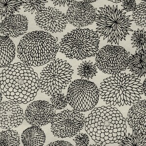 May include: A seamless pattern of black and white stylized floral designs on a beige background. The flowers are drawn in a simple, graphic style and are arranged in a repeating pattern.