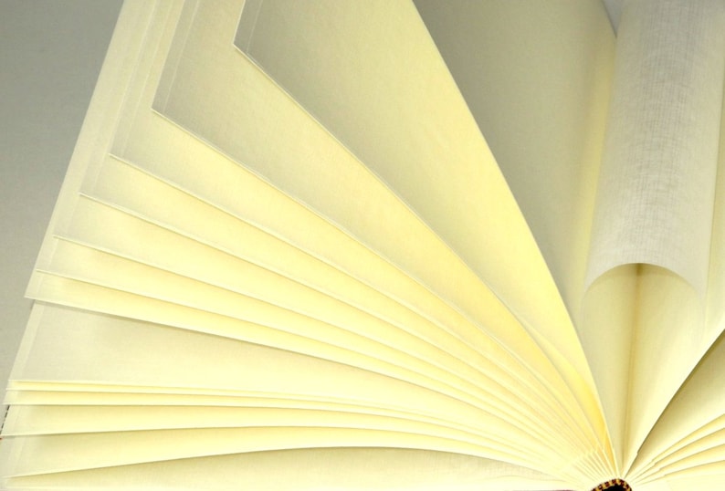 May include: A close-up of a book with cream-colored pages fanned out, revealing the texture of the paper.