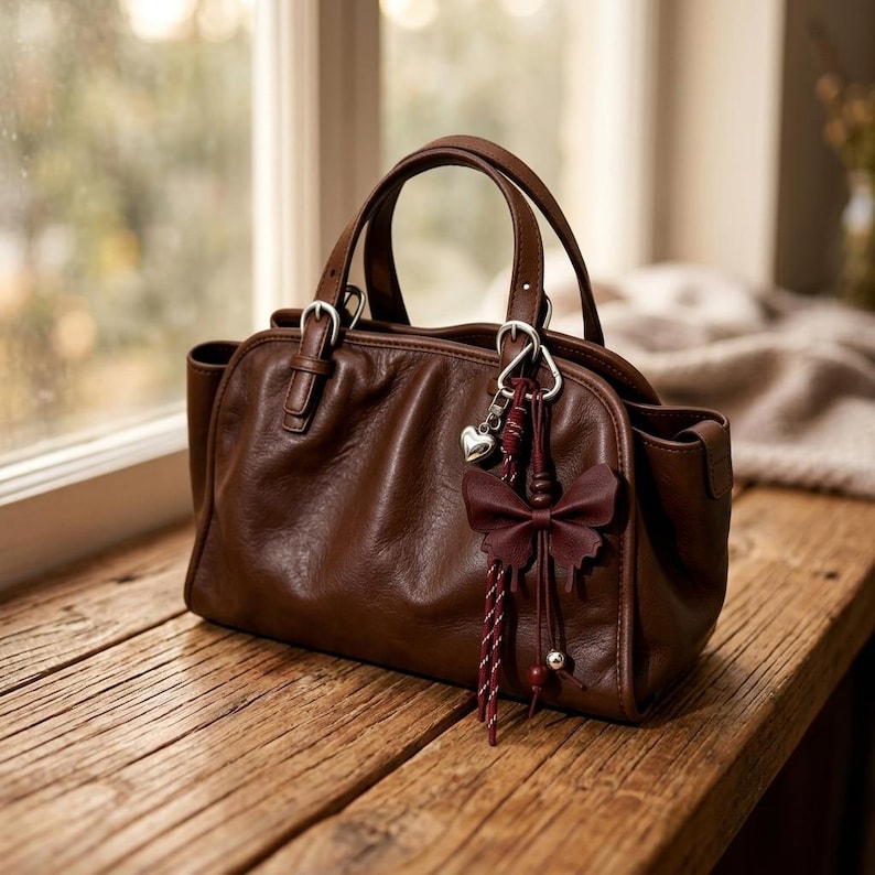May include: A brown leather handbag featuring two top handles with silver-toned buckles. A decorative charm hangs from the front, consisting of a dark red leather butterfly, a small silver heart, and braided cord accents with silver beads.