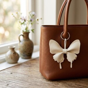 May include: A brown leather handbag featuring a textured surface and two top handles. A cream-coloured butterfly-shaped charm is attached to one of the silver-toned metal rings on the handle, hanging against the front of the bag.