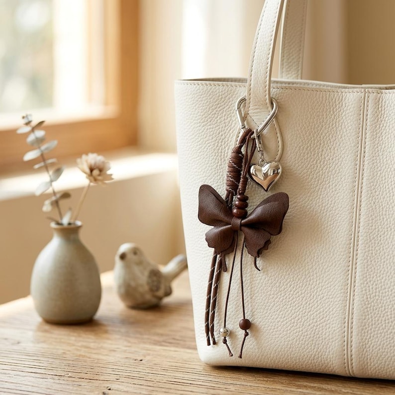 May include: A cream-coloured textured leather tote bag featuring a brown leather butterfly charm attached to a silver-toned metal clasp. The charm includes a small silver heart pendant, brown leather cords, and small wooden and metallic beads.