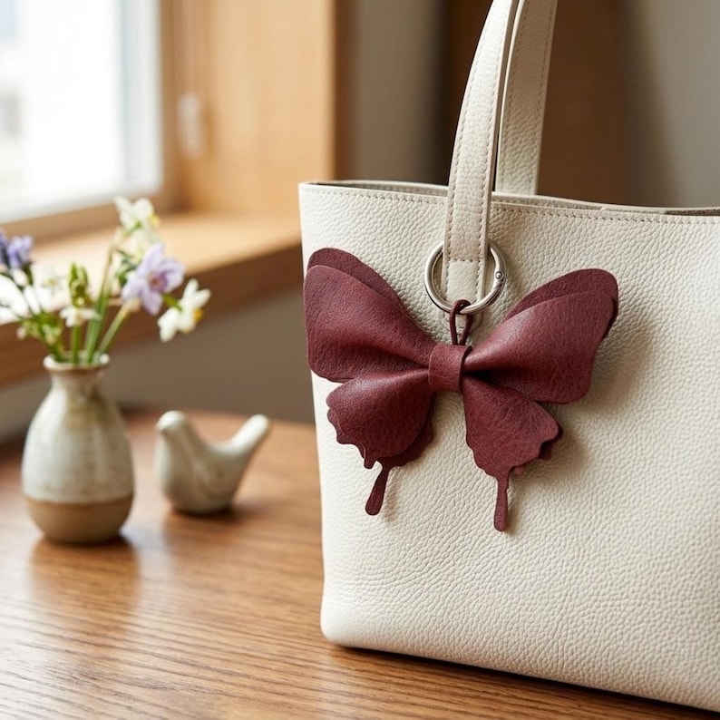 May include: A cream-coloured tote bag with a textured surface featuring a large, dark red butterfly-shaped charm attached to a silver-toned metal ring. The butterfly charm is made of a layered material with a matte finish and distinct wing shapes.