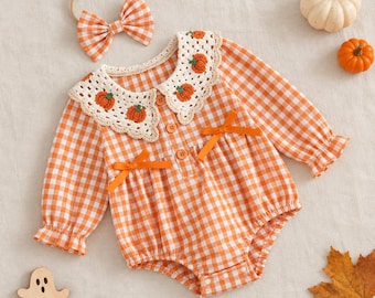 Baby Girl Pumpkin Romper with Headband Set, Orange Gingham Long Sleeve Outfit, Embroidered Collar Fall Clothing, Halloween Baby Outfit