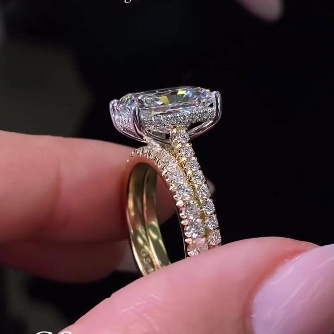 3CT Radiant Cut Moissanite Bridal Set Engagement Ring, 14k Solid Gold ...