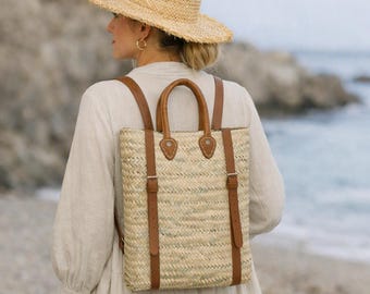 Handmade palm and natural leather bag | Straw basket with short handles | Beach, shopping, and everyday bag | Boho style