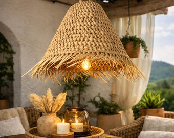 Handmade natural straw pendant lamp | Boho artisan lampshade | Natural fiber home decor