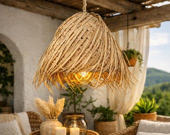 Handmade straw lampshade | Handmade Mediterranean boho lampshade | Natural fiber hanging lampshade