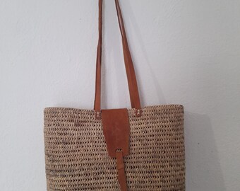 Large Handmade Palm Leaf Basket, Long Brown Handles, Handwoven Palm Leaf Bag, Natural Basket for Market, Beach and Shopping, Market