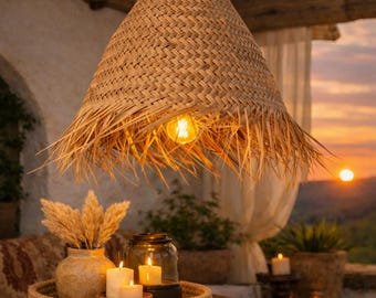 Handmade straw lampshade | Handmade boho hanging lampshade | Mediterranean lighting made from natural fibers