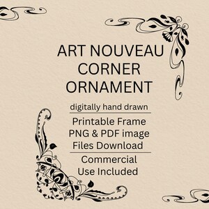 Puede incluir: Diseño de adorno de esquina Art Nouveau negro sobre un fondo beige. La imagen incluye elementos florales y de remolino decorativos en cada esquina, con el texto "ART NOUVEAU CORNER ORNAMENT".