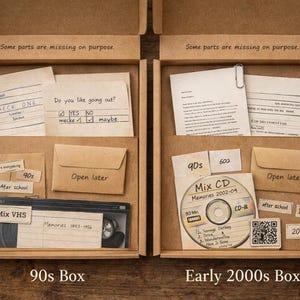 Op de afbeelding: Twee open kartonnen dozen met nostalgische items. Eén doos met het label "90s Box" bevat een VHS-band, notities en een kleine envelop. De andere, "Early 2000s Box", heeft een cd, notities en een envelop. Beide dozen hebben tekst.