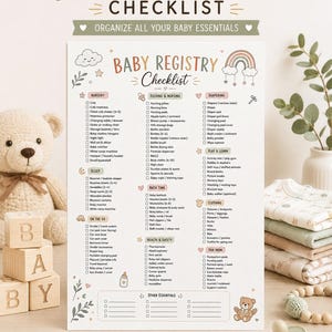 Könnte beinhalten: Eine Baby-Registrierungs-Checkliste auf weißem Papier mit Kategorien wie Nursery, Feeding & Nursing, Diapering, Sleep, Bath Time, Play & Learn, Clothing, On The Go, Health & Safety und For Mom, illustriert mit einer Wolke, einem Regenbogen und einem Bären.