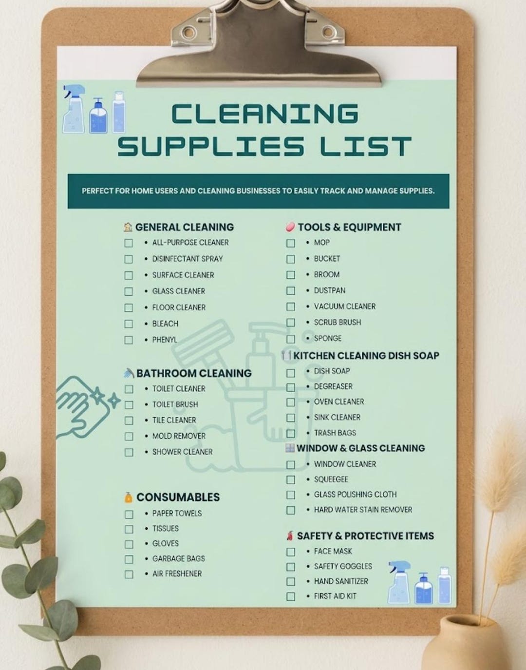 Cleaning Supply Checklist Printable, Household Cleaning Inventory List ...