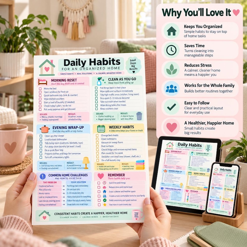 Daily Home Habits Checklist Printable, Habit Tracker, Home to Do List, Cleaning &amp; Decluttering ...