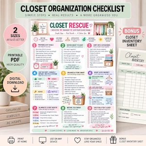 Könnte beinhalten: Eine druckbare Checkliste zur Schrankorganisation und ein Inventarblatt mit neun nummerierten Schritten zum Aufräumen, inklusive Symbolen für Spenden, Lagerung und Sortierung, gestaltet in einer pastellfarbenen Palette mit Textüberschriften.