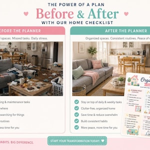 May include: A digital infographic titled The Power of a Plan Before & After with Our Home Checklist. It displays a cluttered living room and kitchen labeled Before the Planner, contrasted with an organized space labeled After the Planner, alongside a Daily Organized Home Checklist document.