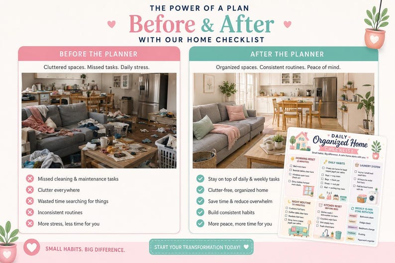 May include: A digital infographic titled The Power of a Plan Before & After with Our Home Checklist. It displays a cluttered living room and kitchen labeled Before the Planner, contrasted with an organized space labeled After the Planner, alongside a Daily Organized Home Checklist document.