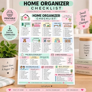 Pode incluir: Uma lista de verificação imprimível para organização doméstica com tarefas de limpeza categorizadas por divisões como cozinha, sala e quarto. O documento inclui secções para tarefas infantis e dicas para limpezas rápidas e eficazes.