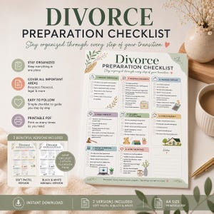 Può includere: Una lista di controllo per la preparazione al divorzio con otto sezioni categorizzate che includono compiti personali, legali, finanziari e relativi ai figli. Il documento presenta intestazioni color pastello, icone e una sezione note.