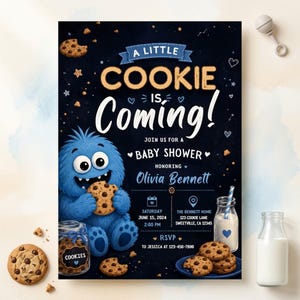 May include: A baby shower invitation card featuring a blue furry monster eating a chocolate chip cookie on a dark background. Text reads: A LITTLE COOKIE IS COMING! JOIN US FOR A BABY SHOWER HONORING Olivia Bennett, Saturday June 15, 2024, 2:00 PM.